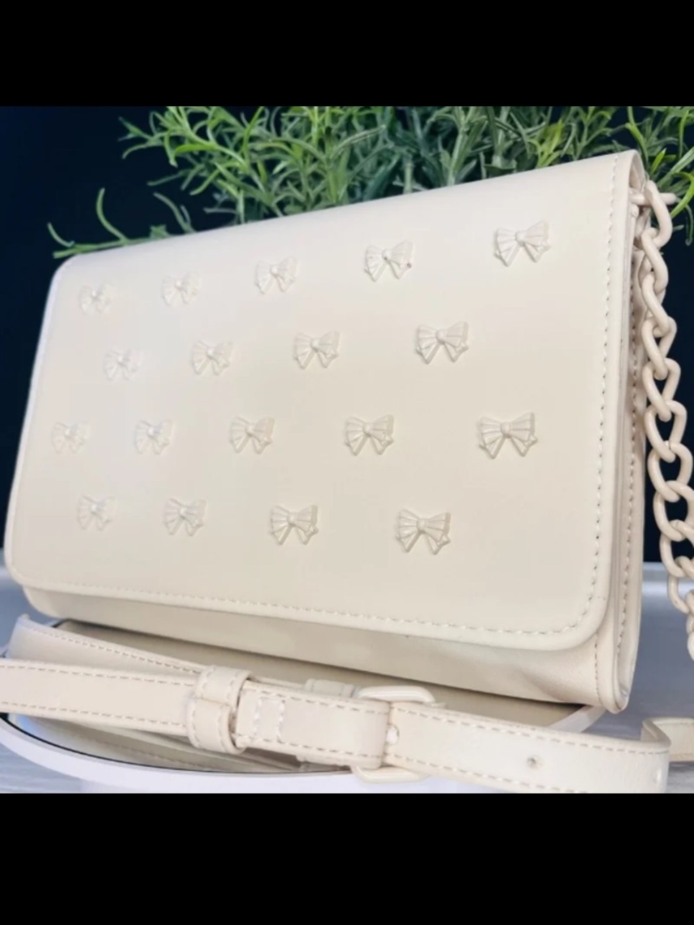 Betsey Johnson Cream Studded Bow Crossbody Bag.